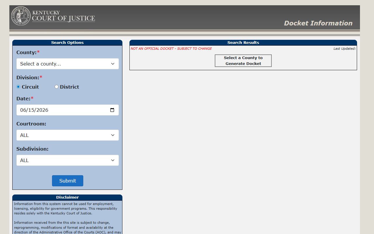 Bath County court records after jail arrest KCOJ docket search fields