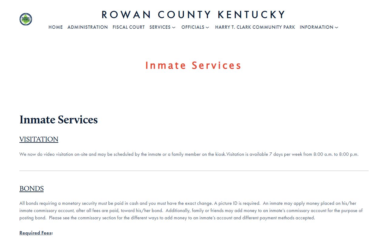 Rowan County Detention Center visitation commissary bond and inmate services screenshot